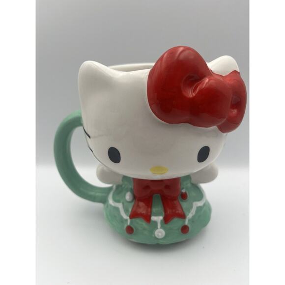 New Hello Kitty Christmas Tree Dress 3D Sculpted Large Ceramic Mug 6” - Picture 2 of 7